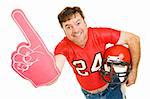 Enthusiastic middle aged football fan wearing his old high school jersey and holding a helmet and a foam finger.  Isolated on white.