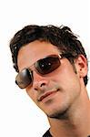 Portrait of young handsome hispanic man wearing sunglasses