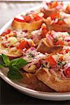 Platter of bruschetta with tomato and red onion