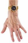 Man's hand with gilt watch on a white background