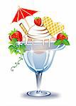 Icecream sundaes with strawberries, in a glass on a white background.  Download large hi-res jpg.