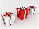 isolated three dimensional wrapped gift boxes with sale tages