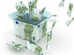 three dimensional gift box opened with 100 euro bills flying in the air on an isolated white background