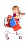 Little girl in shopping cart tired and upset - isolated