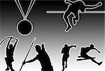 Glowing silhouettes of sporting men and medal over black background