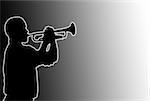 Glowing silhouette of a trumpet player over black and white background