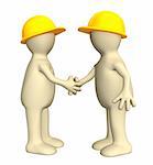 Hand shake of two puppets - builders