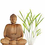 Buddha in meditation with bamboo leaf grass, over white background.