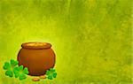 Green grunge background with a pot and clovers