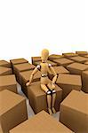 Wooden mannequin sitting on moving box, surrounded by lots of other boxes