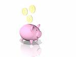 3D Render of a pink piggy bank with coins. Isolated on white.