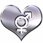 3d silver heart with combined gender signs isolated in white