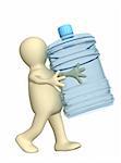3d puppet, carrying a bottle with clean water
