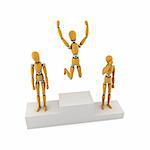 Wooden mannequins standing on a winner's podium over white background
