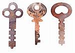 Three worn rusty skeleton keys.