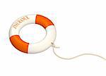3d lifebuoy ring, adhered to a cord. Objects over white