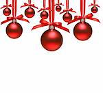 Red christmas balls with bows on white background