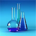 chemical flasks with reagents 3d rendering