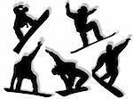 Snowboarders silhouette in different poses and attitudes