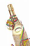 Champagne bottle with ribbons for celebrations isolated on white backgrounds