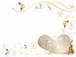 Gold valentines ornament with hearts, butterfiles and snowflakes on a white background