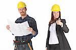 businesswoman and construction worker with architectural plans