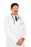 Portrait of a friendly handsome doctor in his lab coat.  Isolated on white.