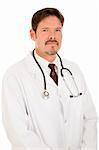 Portrait of a handsome, trustworthy doctor in a white lab coat.  Isolated on white.