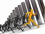 3d illustration, group of men running forward with diagram bars at background