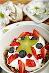 White yogurt in the bowl with fruits and cereal