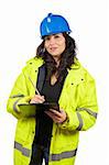Female construction worker writing, over a white background