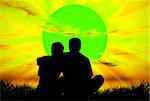 Lovers on the grass in front of the sunset