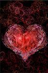 Heart-fractal, on a background black with a decorative pattern from hearts