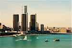 Detroit city skyline and riverfront in daytime