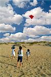 three kids on a beach playing with a red kite
