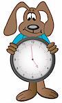 cartoon dog holding clock with time showing one minute to five