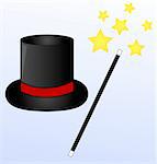 black magic hat and wand on blue background with stars