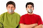 Two guys with adhesive tape on lips