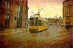 Artistic work of my own in retro style - Postcard from the former GDR. - Tram -  Berlin,  Germany.