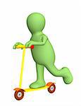 3d person - puppet on a bright skateboard. Objects over white