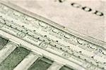 Macro of the back of the U.S. Five Dollar Bill showing small State Names as anti-counterfeit measure.