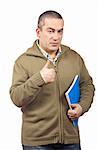 Serious casual man holding a notebook over white background