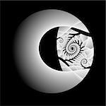 An abstract fractal done in shades of gray to remind the viewer of the phases of the moon.