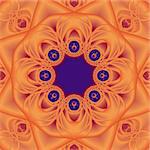 An abstract circular fractal in a mandala shape done in shades of orange and blue.