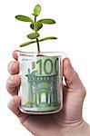 The hand holds a glass with banknote and sprout. Isolated on white [with clipping path].