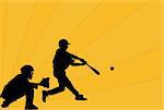 Silhouettes of baseball players over orange background with rays