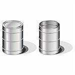 Open and closed metallic barrels over white background