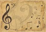 Grunge background with the image of musical symbols