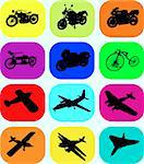 Vector motorbike and airplane icons on a colorful background
