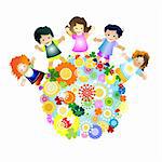 kids and planet; joyful illustration with planet earth, happy children and colorful flowers